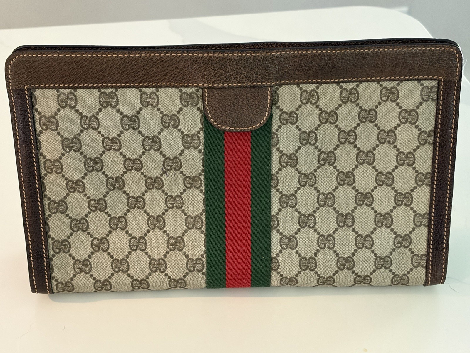 Vintage GUCCI PARFUMS Sherry GG Supreme Clutch Bag Flap Pouch w/ Web Stripe