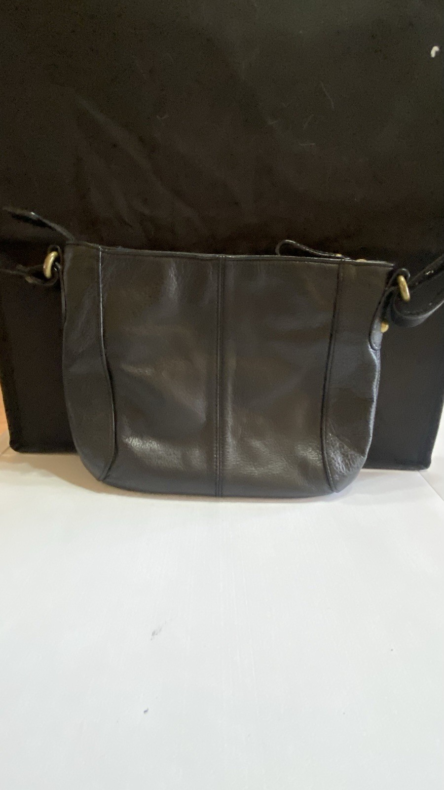 Audrey Brooke Black Leather Shoulder Bag Thick Pebble Leather Multi Compartments