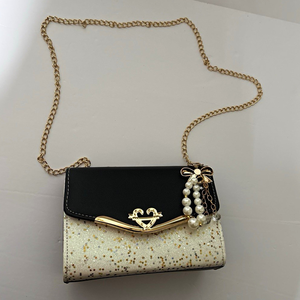 Black White Glitter Crossbody Bag Pearl Bow Gold Chain Detachable Strap Small