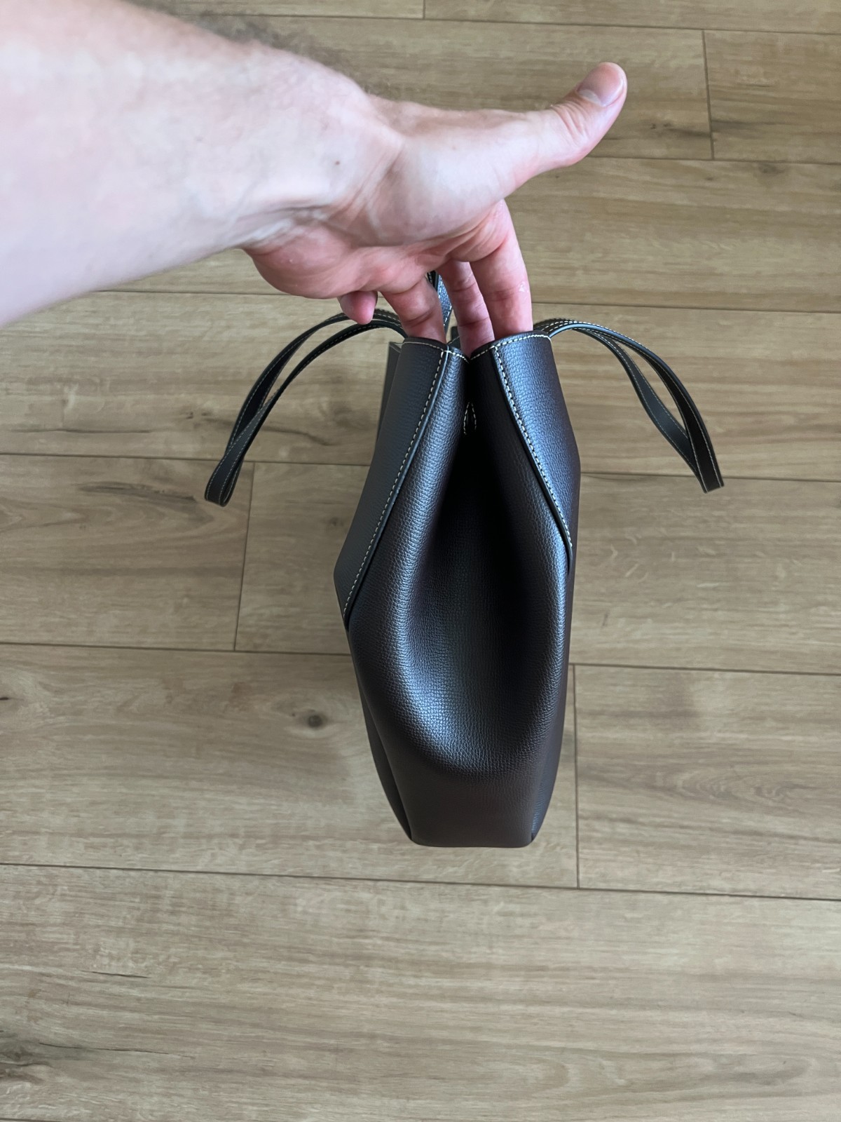 Polène Cyme Mini Textured Ebony Leather Tote Bag