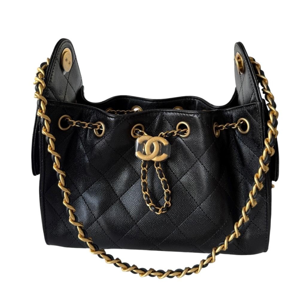 Chanel Mini 25 Hobo Bag Black Caviar Antique Gold Hardware 26S