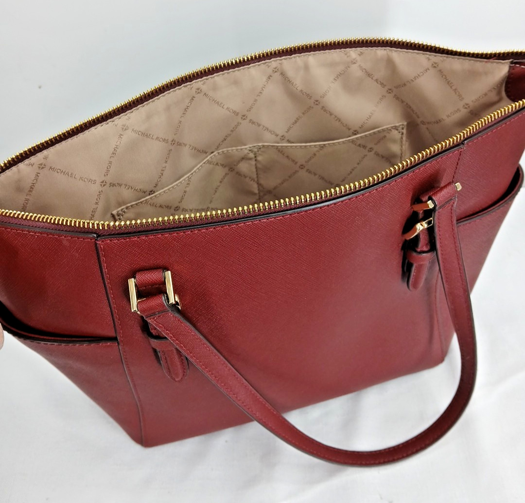 Michael Kors Charlotte Large Saffiano ? Top-Zip Tote Bag Dark Cherry Purse