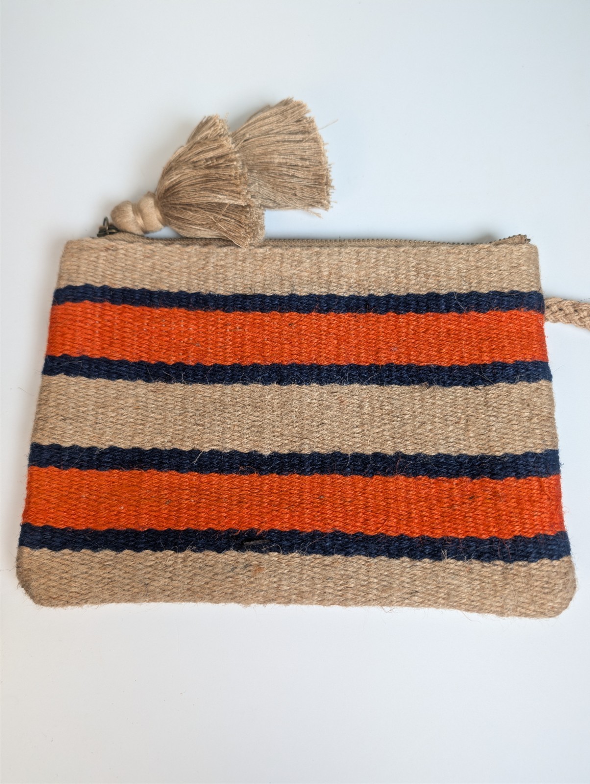 J. Jill Weave Jute Clutch Purse Handbag Brown Blue Orange Tassel Hippie Boho 10”