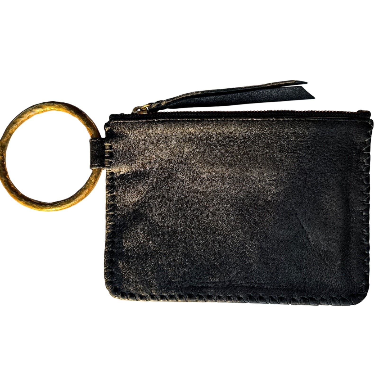 Cleobella Black Leather Whipstitch Wristlet Clutch Brass Circle Ring Handle