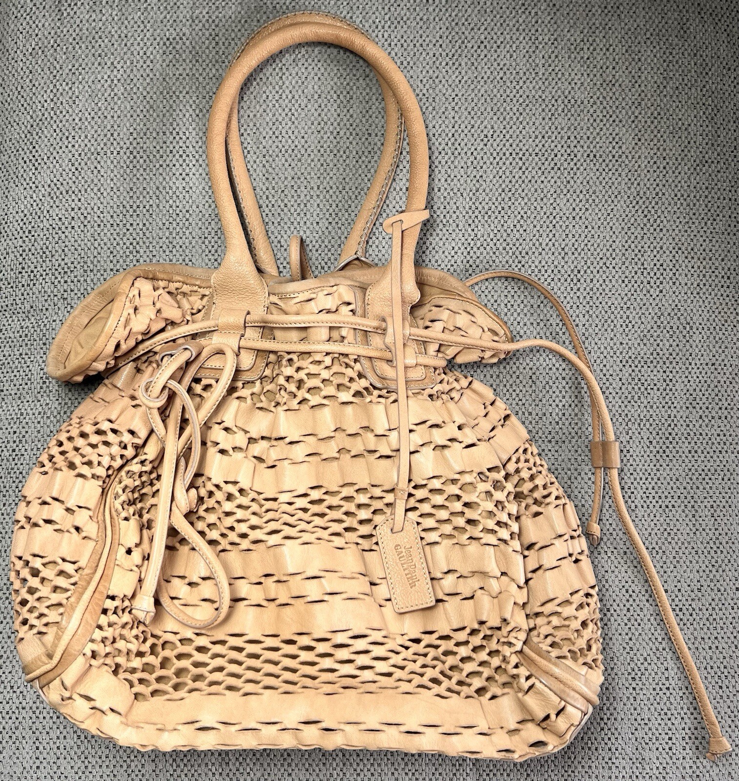 NICE! Jean Paul Gaultier Tan Leather Netting Bucket Bag