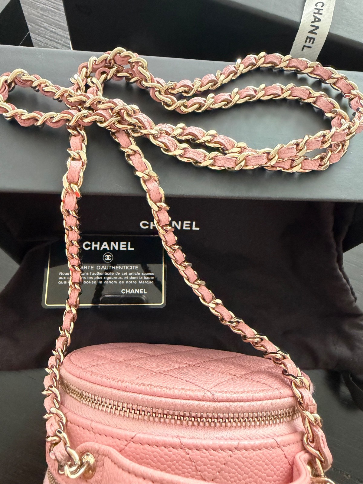 CHANEL Pink Caviar Quilted Round Vanity Case with Chain