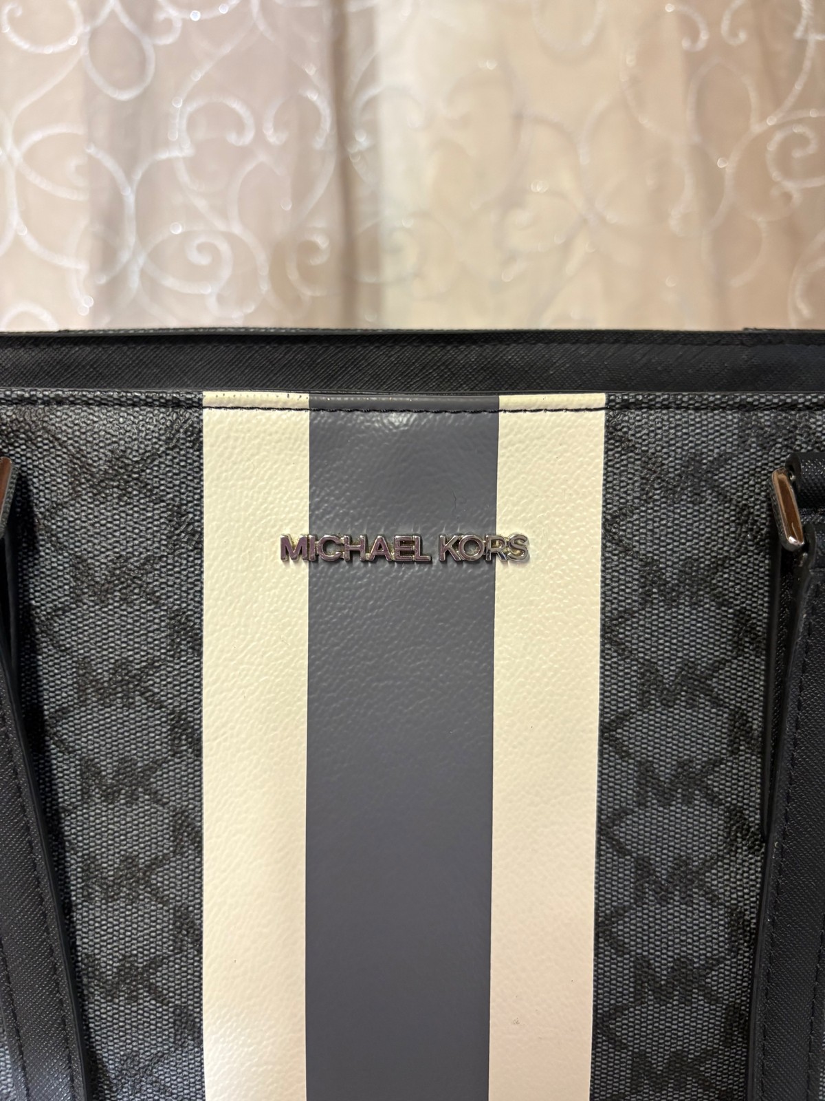 Michael Kors Tote Black Gray Monogram Stripe Shoulder Bag