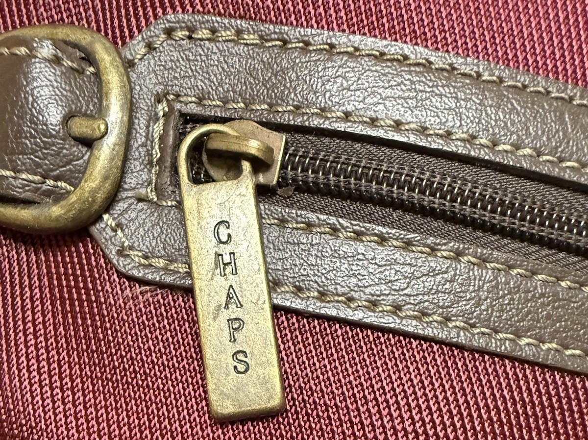 Chaps Burgundy Tote Bag, Zip Top, Brown Faux Leather Double Handles, Gold HW