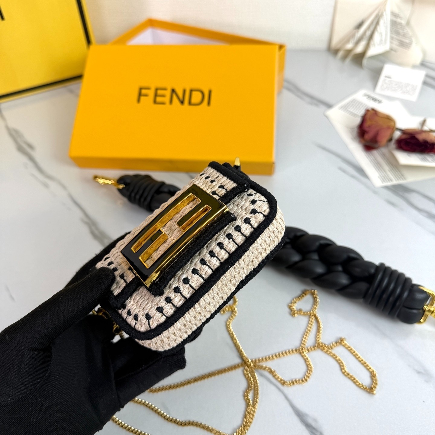 Fendi Nano Baguette Mini Raffia Crossbody Bag Woven Beige Black Chain Strap
