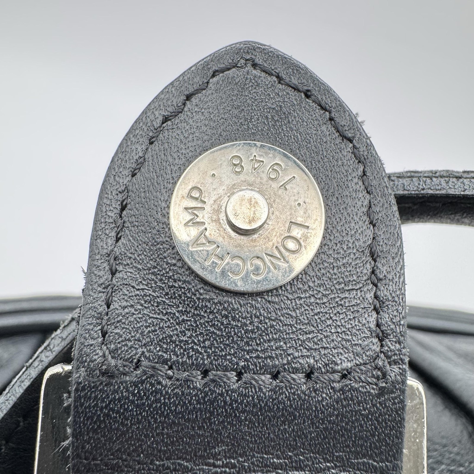 VTG Longchamp Idole Black Grained Leather Satchel Bag Studded Buckle Flap France