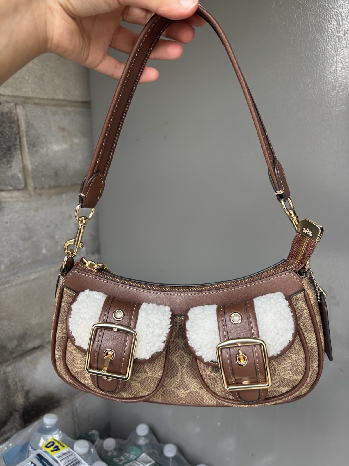 Coach Signature Logo Brown Tan Ashton Shearling Trim Shoulder Bag Zip Buckle