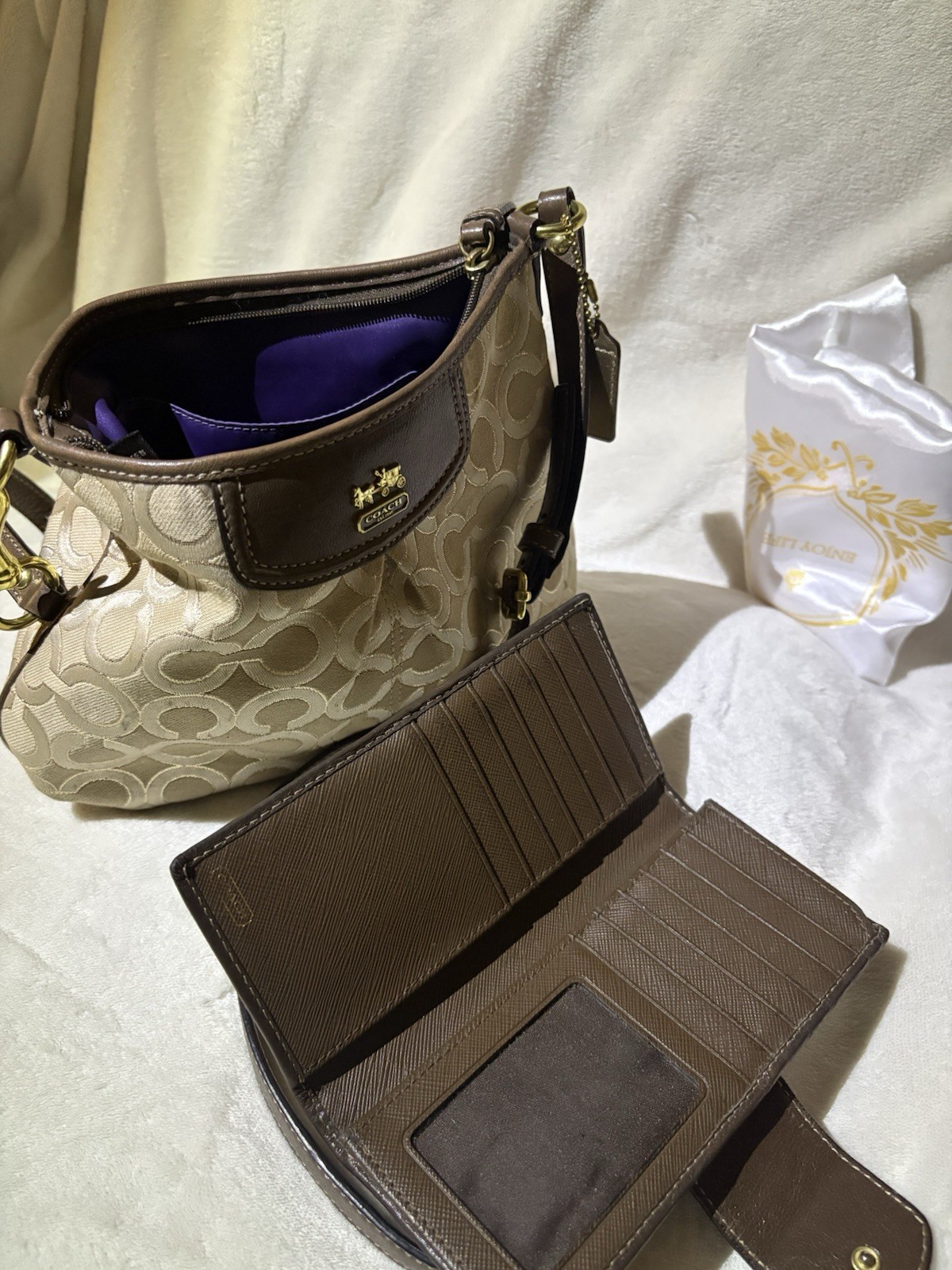 Coach Y2K Signature Beige Brown Logo Crossbody Bag Adjustable Strap Zip