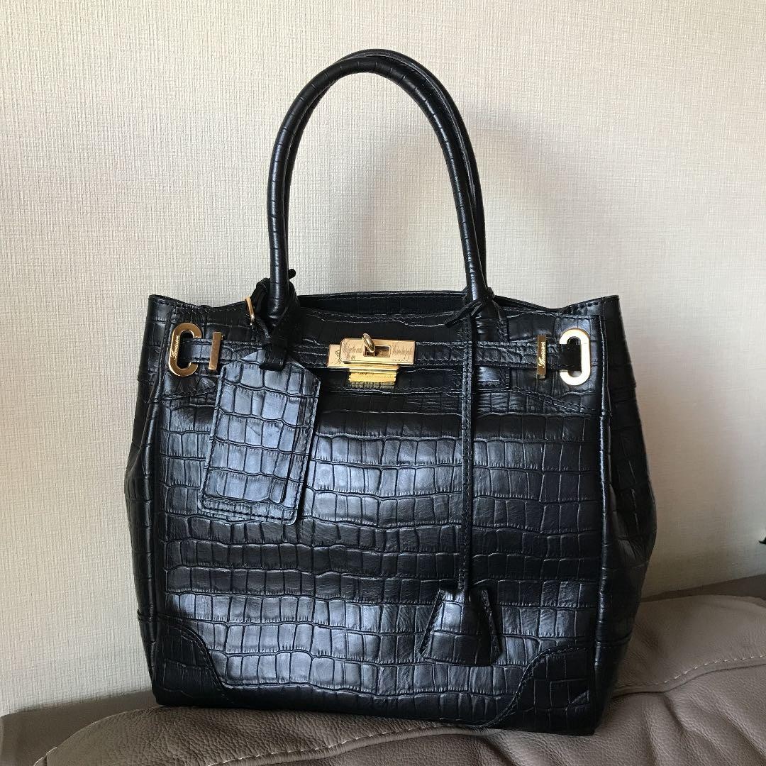 A.D.M.J. Croc Embossed Leather Black Handbag Ladies Tote Near Mint