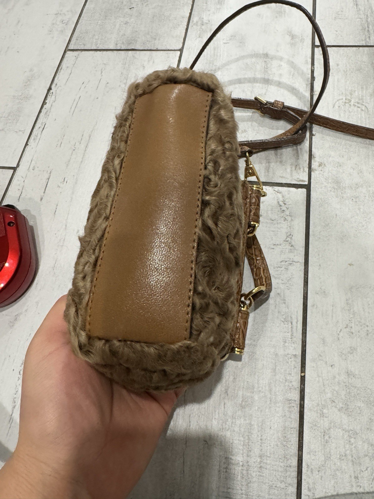 DOLCE GABBANA Sicily shearling lamb fur embossed leather mini crossbody bag