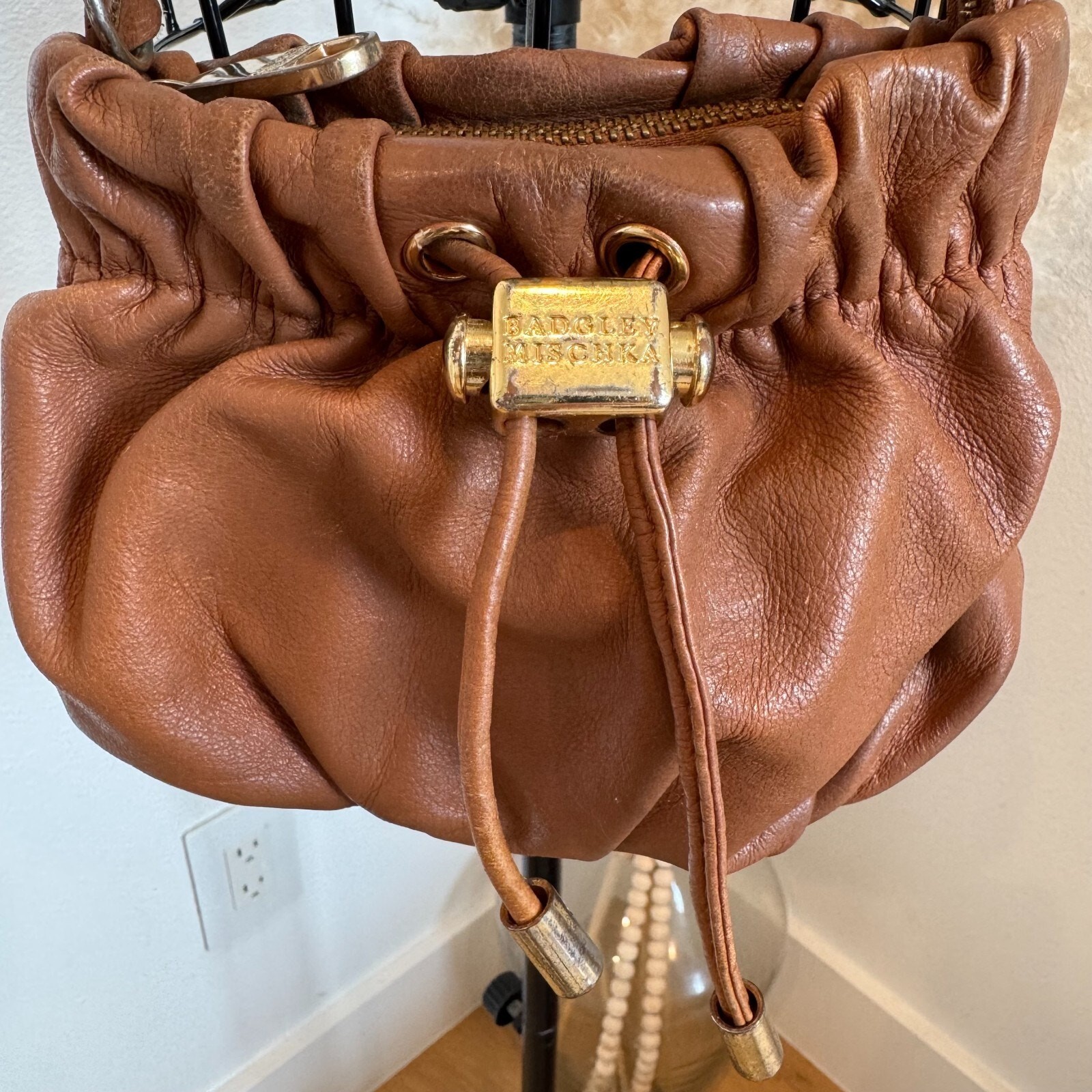 Badgley Mischka Caramel Brown Leather Mini Bucket Bag Crossbody Purse