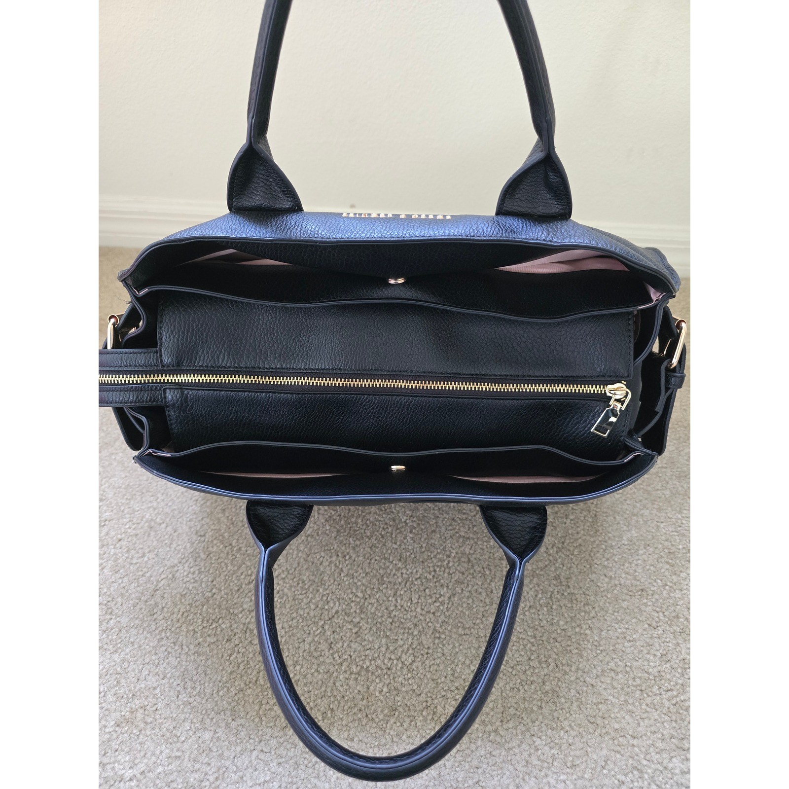 Poppy & Peonies Uptown Tote Black Satchel Travel Work Bag Vegan Leather