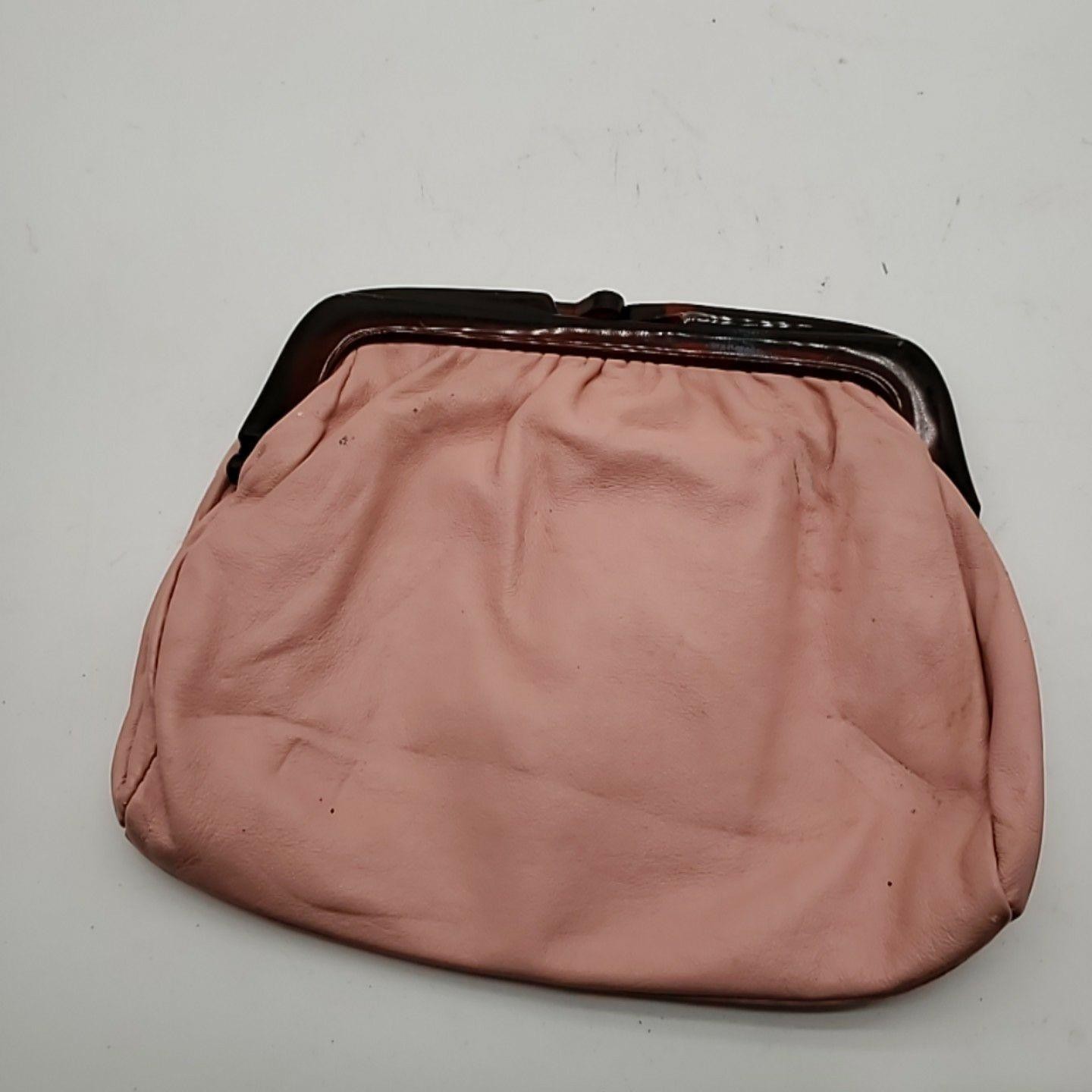 Vintage Leather Clutch Bag Womens Small Pink Made In Italy Lined Tortoise Frame