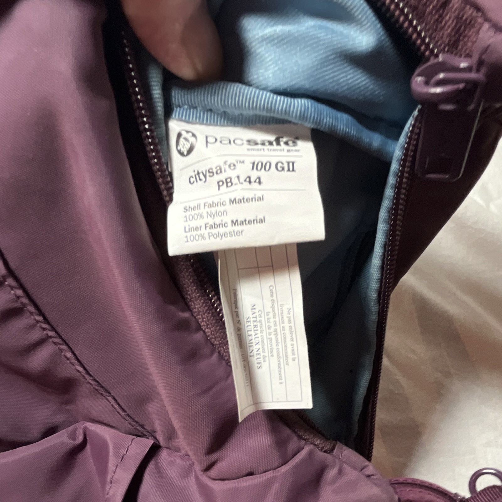 Pacsafe Citysafe 100 Anti-Theft Plum Shoulder Bag RFID Blocking Zip Closure