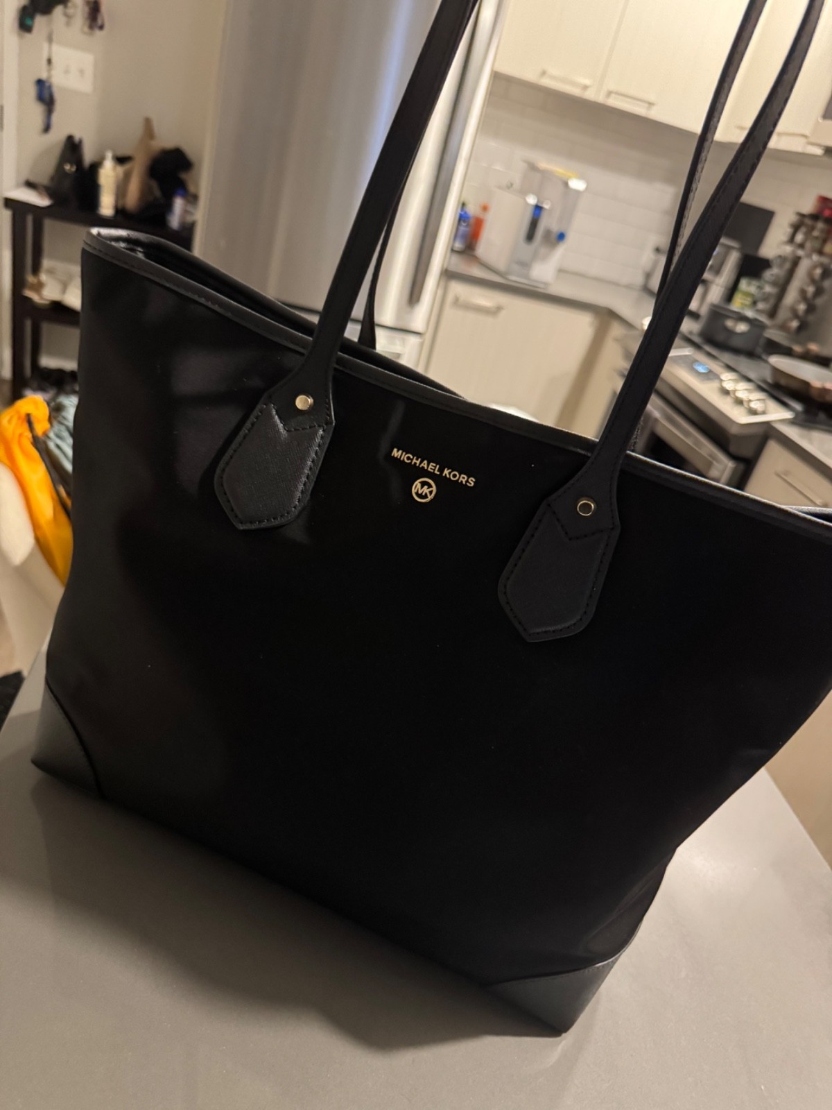 NWT MICHAEL KORS EVA LARGE NYLON BLACK TOTE BAG BUTTON CLOSURE 14in x12in