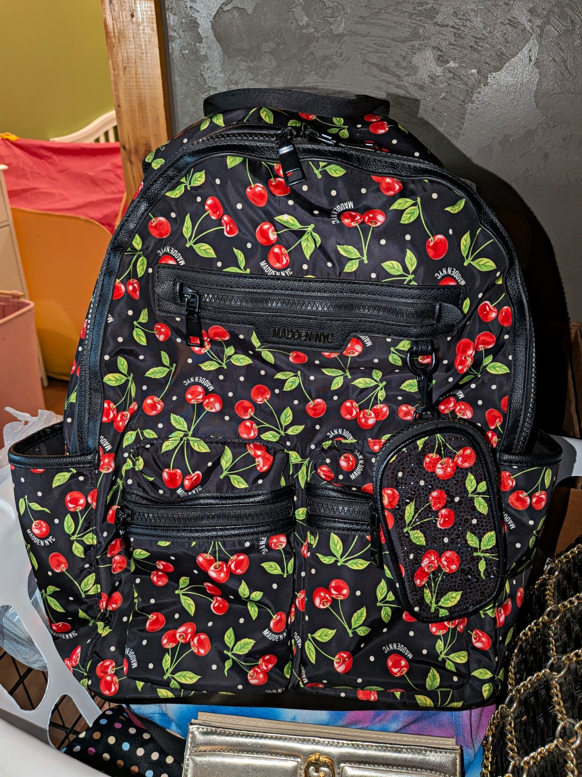 Madden NYC Black Cherry Print Backpack w/ Coin Purse, Zip Closure, Outer Pockets