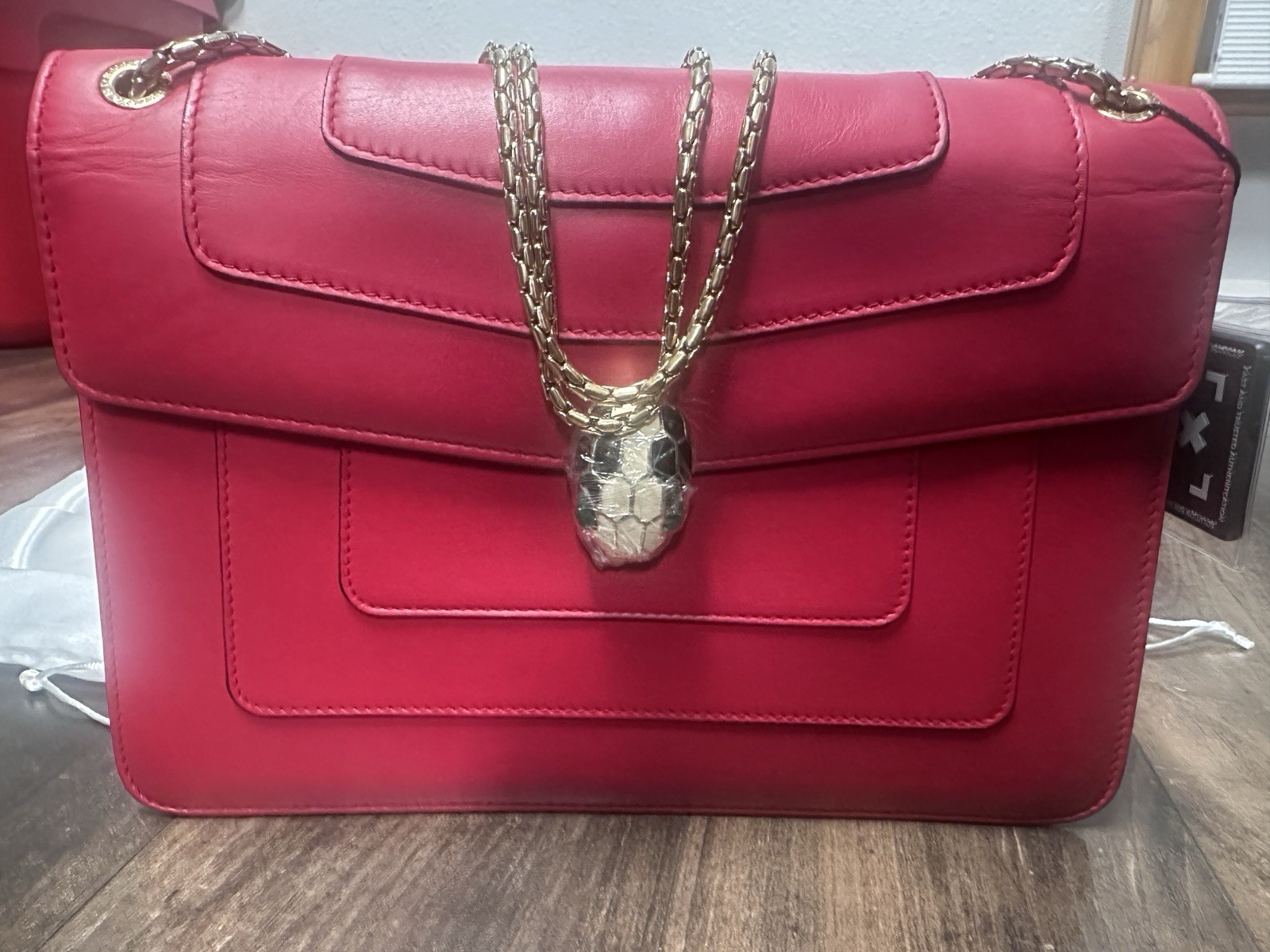 BVLGARI Serpenti Red Shoulder Bag Gold Chain Strap Magnetic Closure Dust Bag