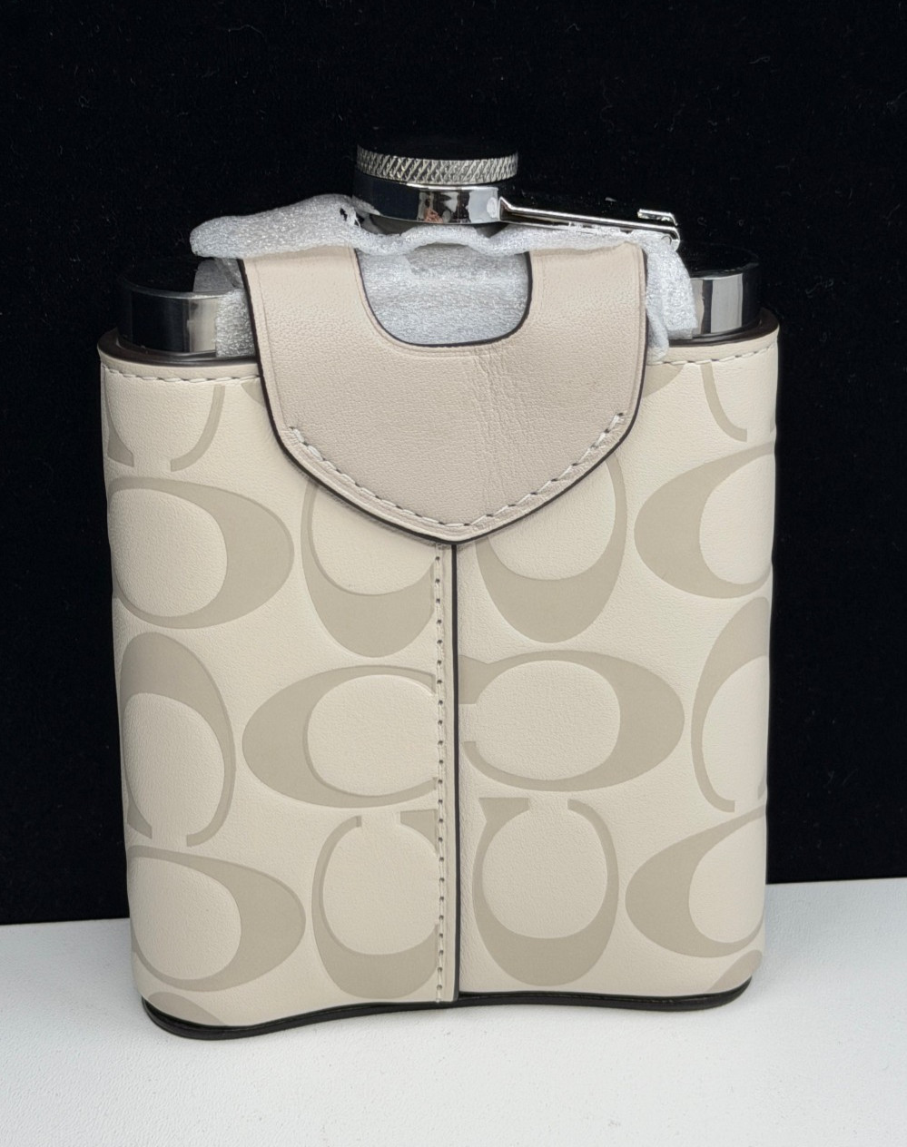 Coach Chalk/Steam Stainless Steel Flask In Signature Embossed Leather New