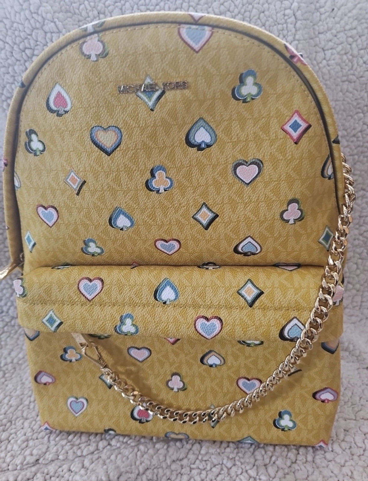 Michael Kors Slater Backpack Honey Hearts & Diamonds Pattern Gold Chain Accent
