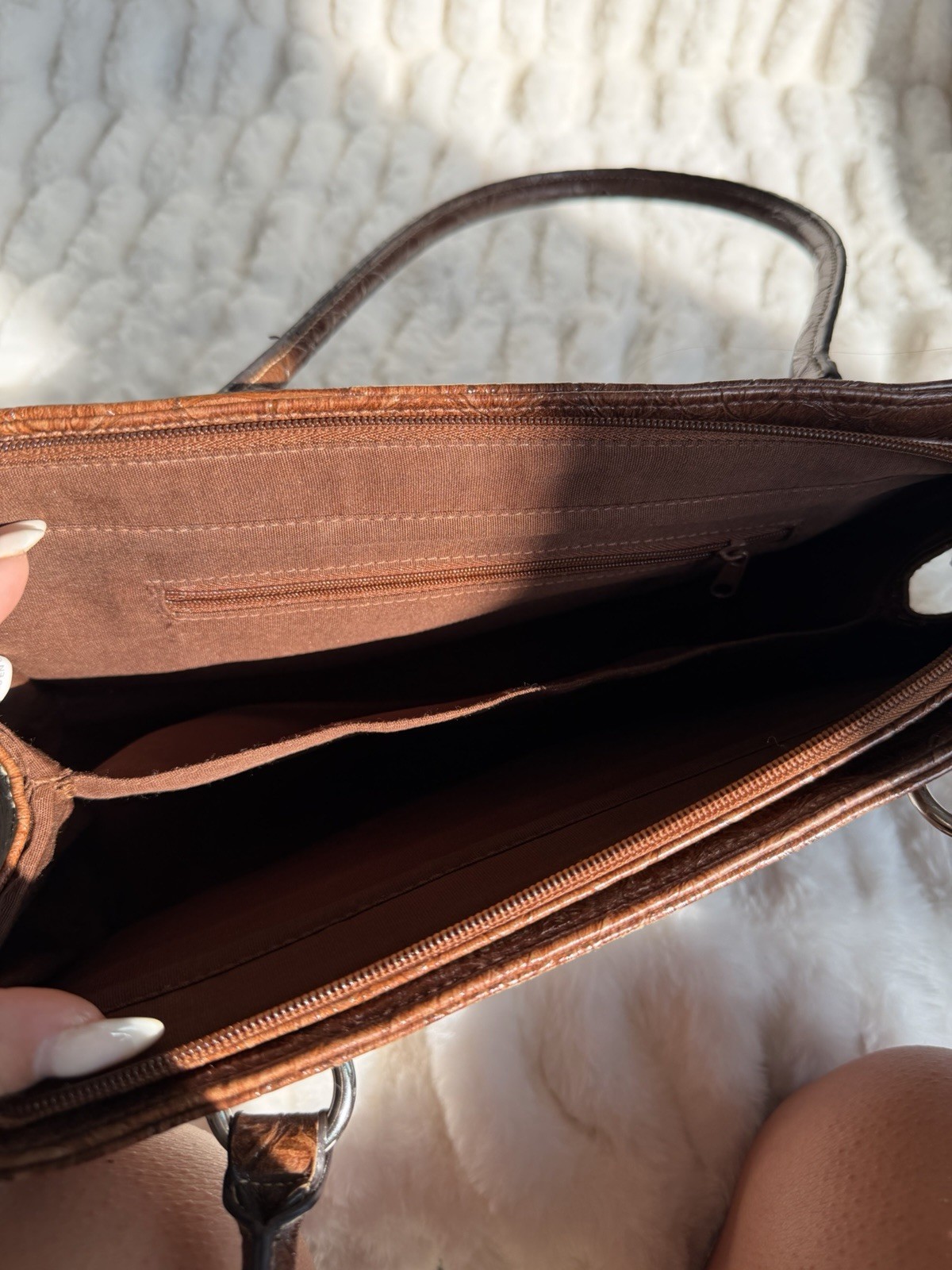 Brown Embossed Shoulder Bag Double Handles Buckle Strap Accents Magnetic Zip