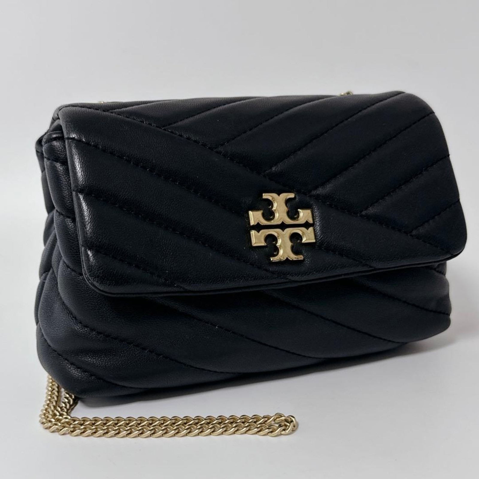 Tory Burch Kira Chevron Quilted Leather Chain Shoulder Bag Black Gold Japan