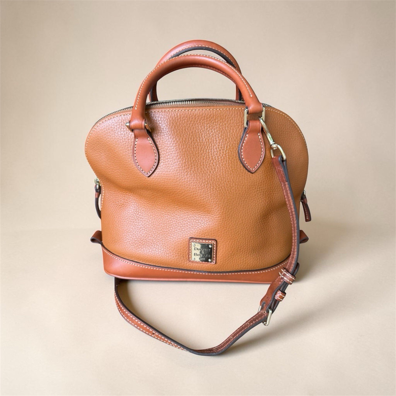Authentic Dooney & Bourke Pebble Grain Zip Zip Satchel Cognac Leather Red Lining