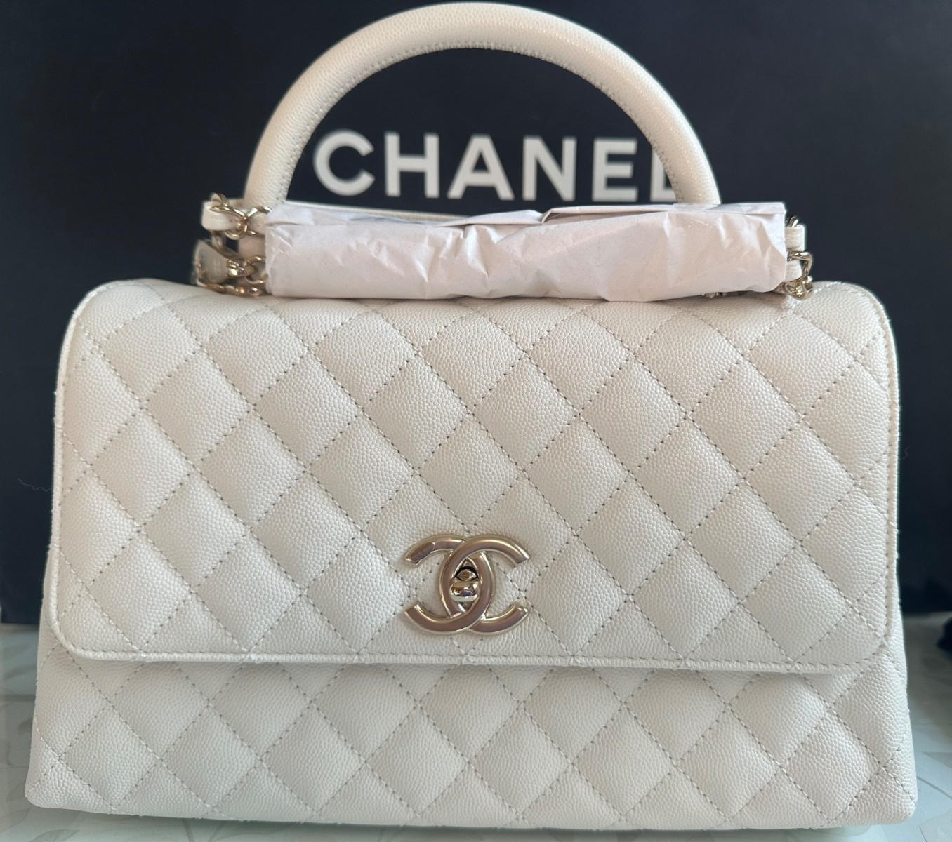 New CHANEL Medium Large Classic Flap Coco Top Handle White Caviar Gold HDW Bag