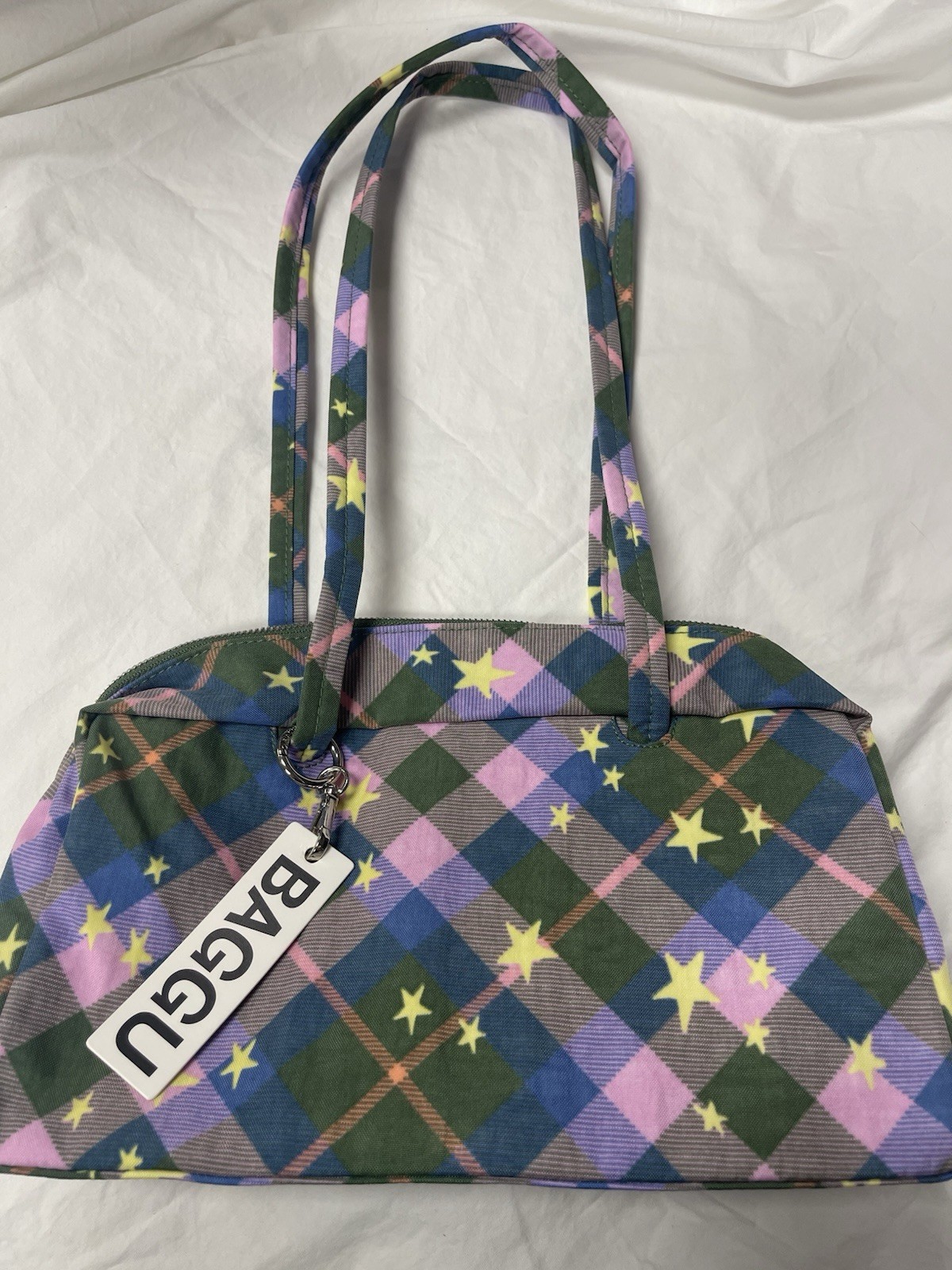 Baggu Green Star Plaid Nylon Bowler Bag Rare Sold out