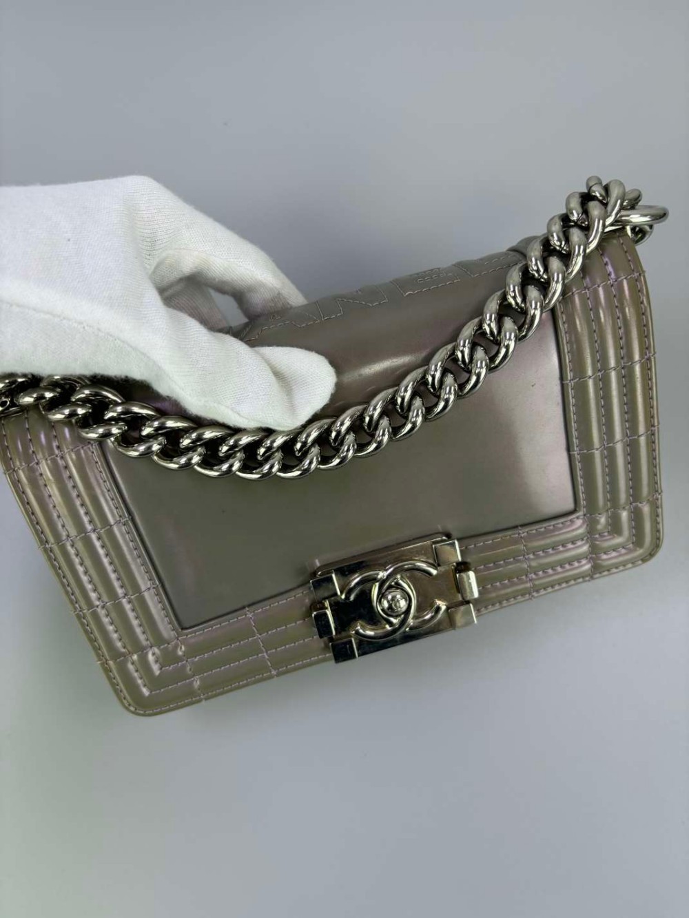 Chanel le boy Smooth cowhide embossed logo shoulder bag silver gray small