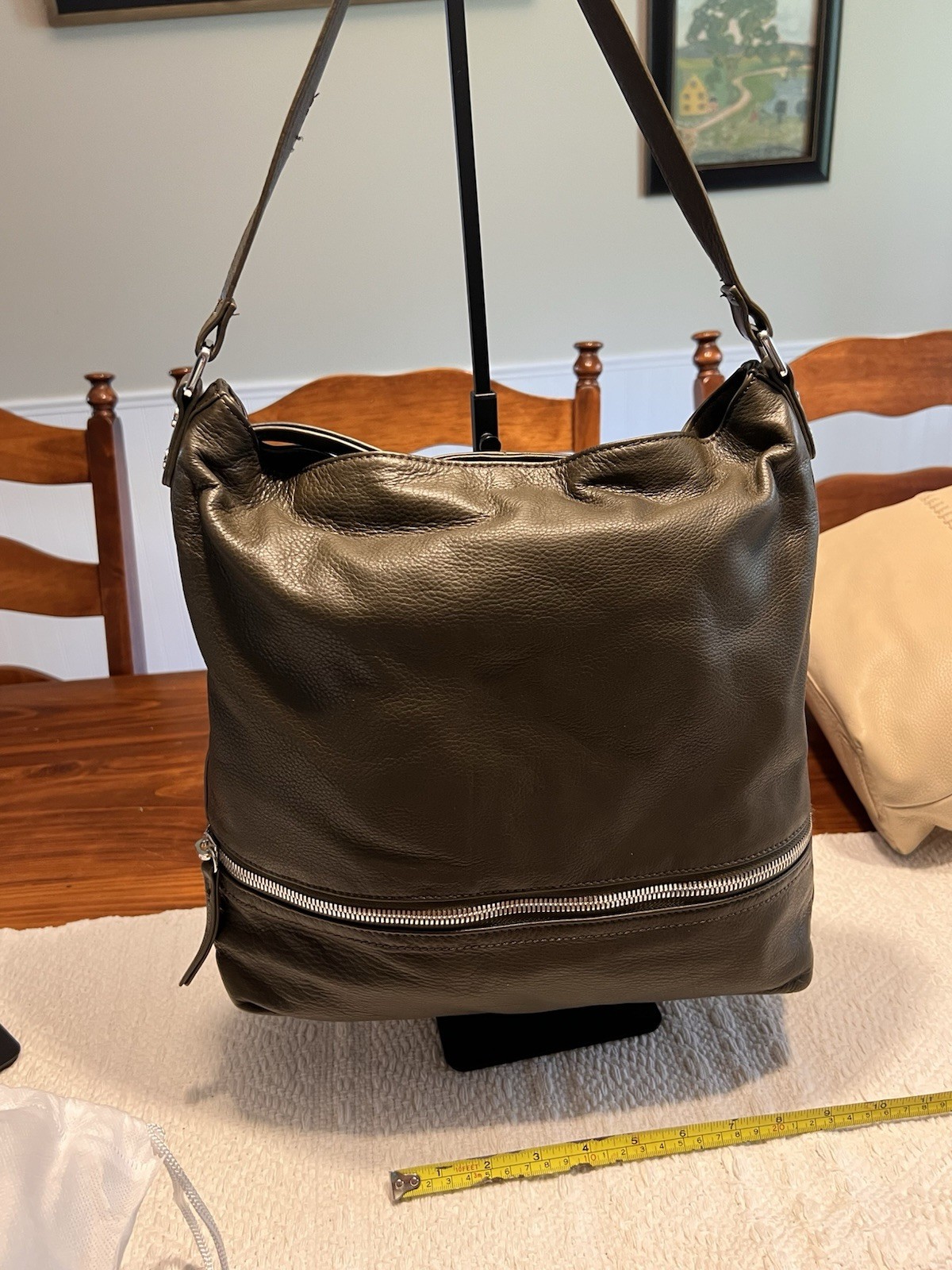 Margot Green Pebbled Shoulder Bag Front Zip Pocket Silver Hardware Lined Adj