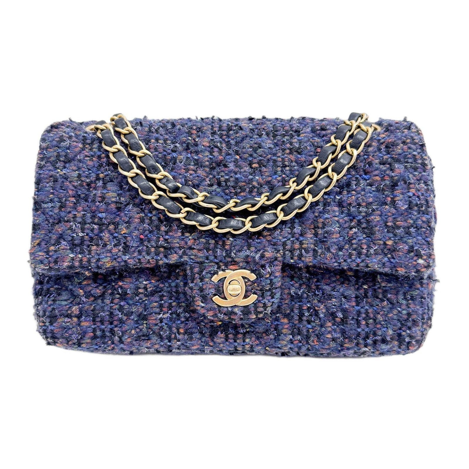 CHANEL Classic Flap 2018-2019 Matelasse Navy Blue Tweed Shoulder Bag