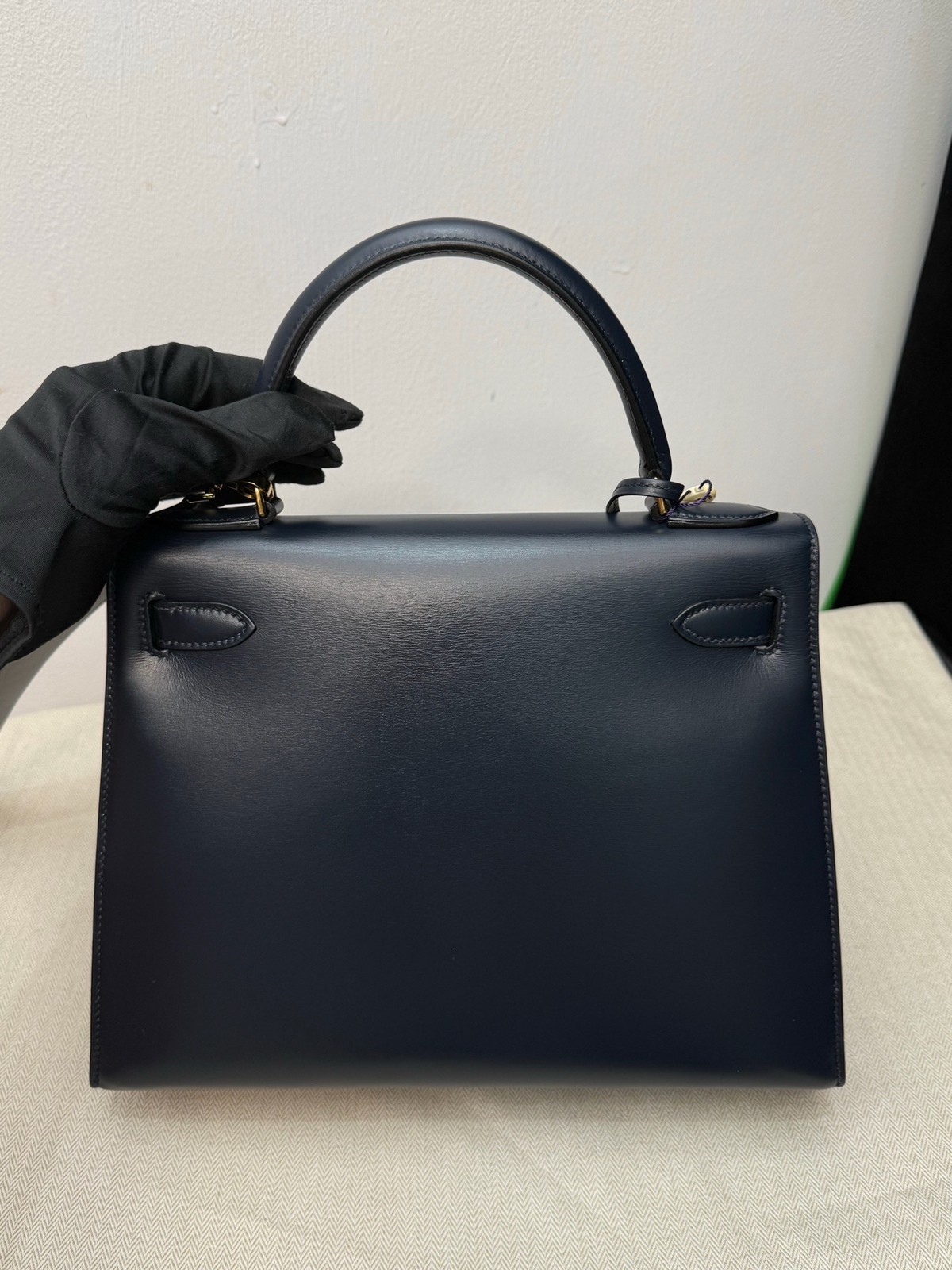 AUTH Hermès Kelly 28 Navy Box Leather Gold Hardware Dual Strap Handbag