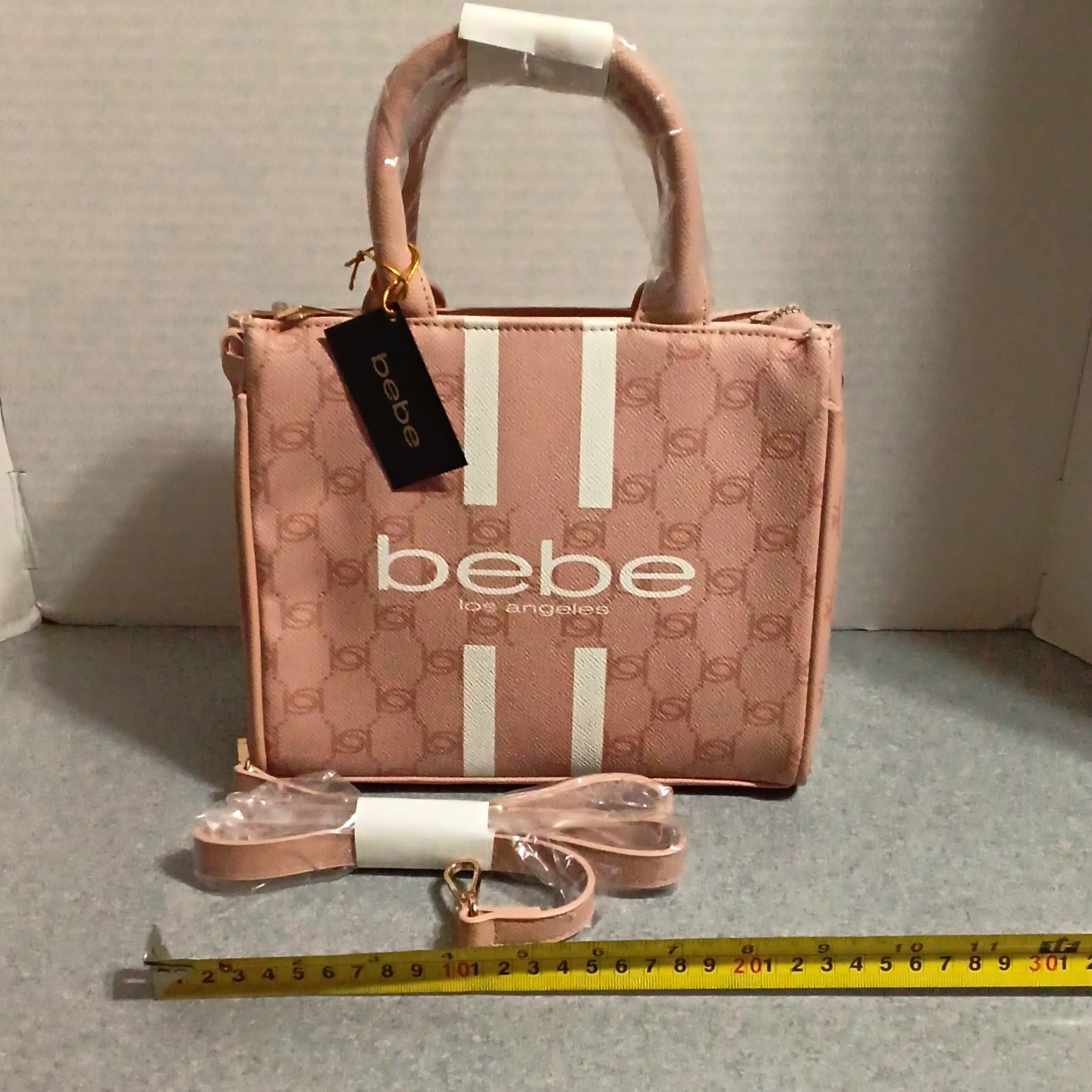 bebe Pink & White Logo Print Satchel Top Handle Bag, Zip, Detachable Strap
