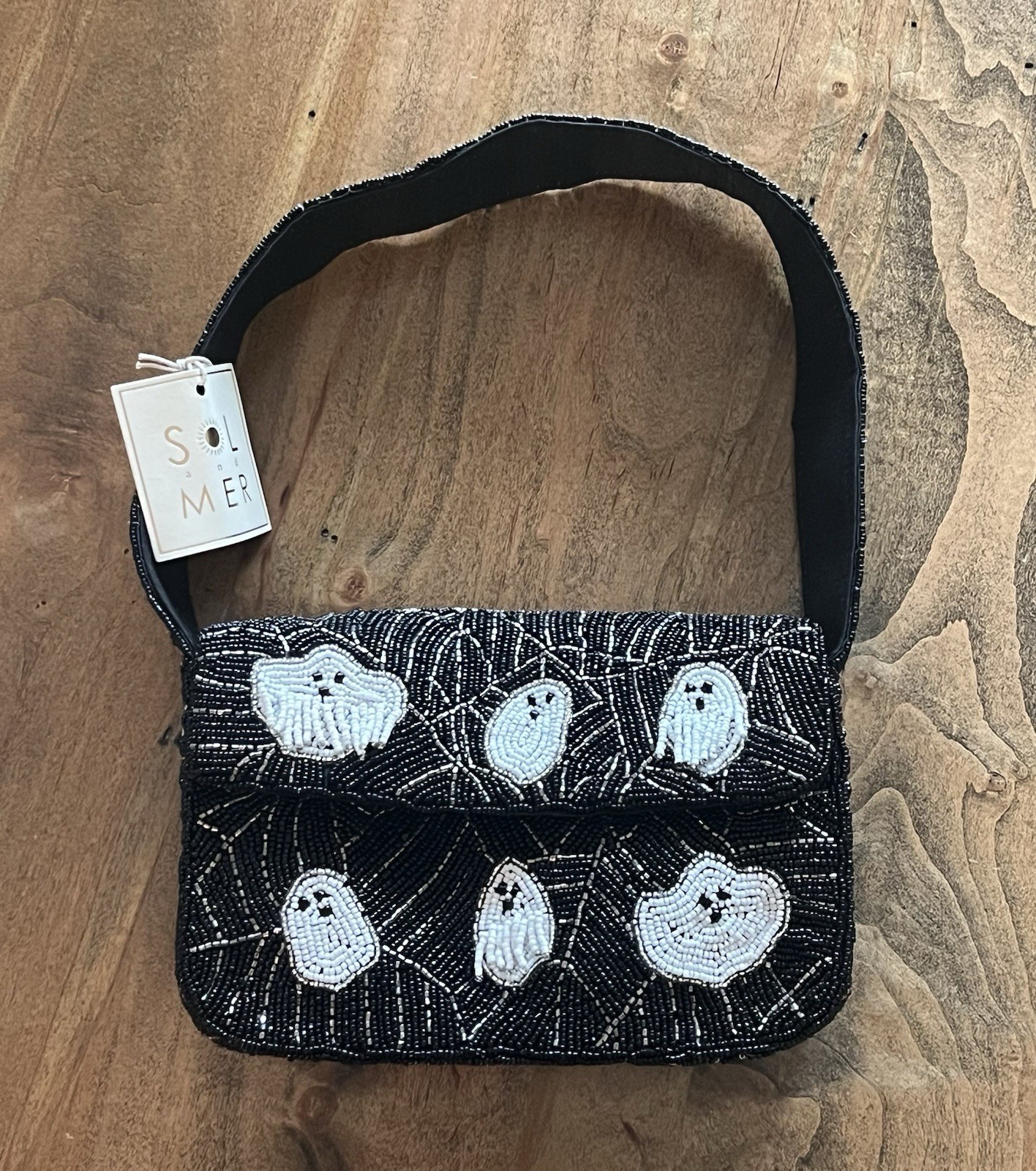 Sol & Mer Halloween Ghost Beaded Shoulder Bag Purse Black White VIRAL NWT