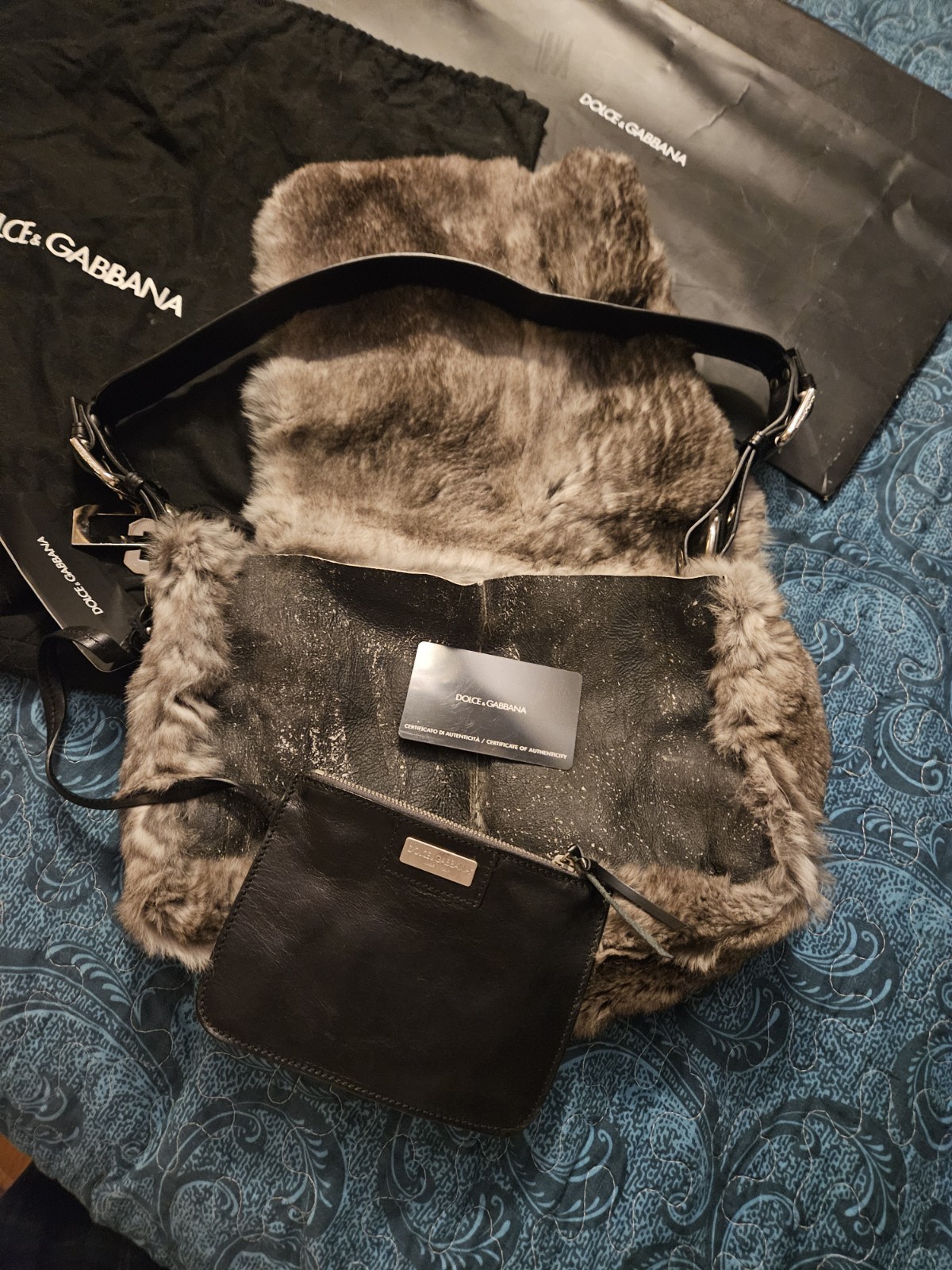Dolce&Gabbana Gray/Black Fur Trim Shoulder Bag Adjustable Strap Dust Bag