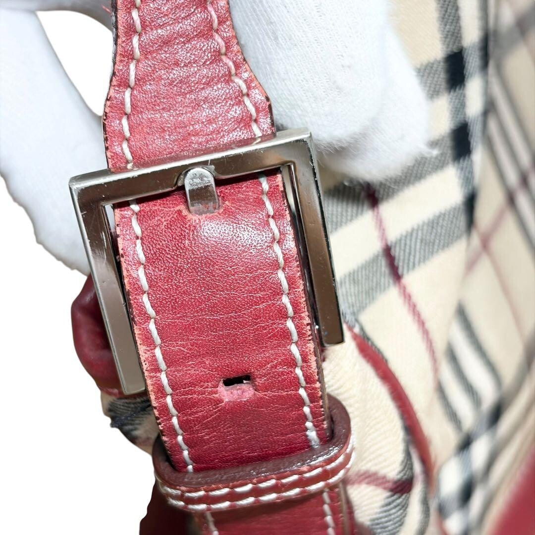 Burberry Nova Check Red Leather Shoulder Bag Zip Women Handbag 28cm 27cm