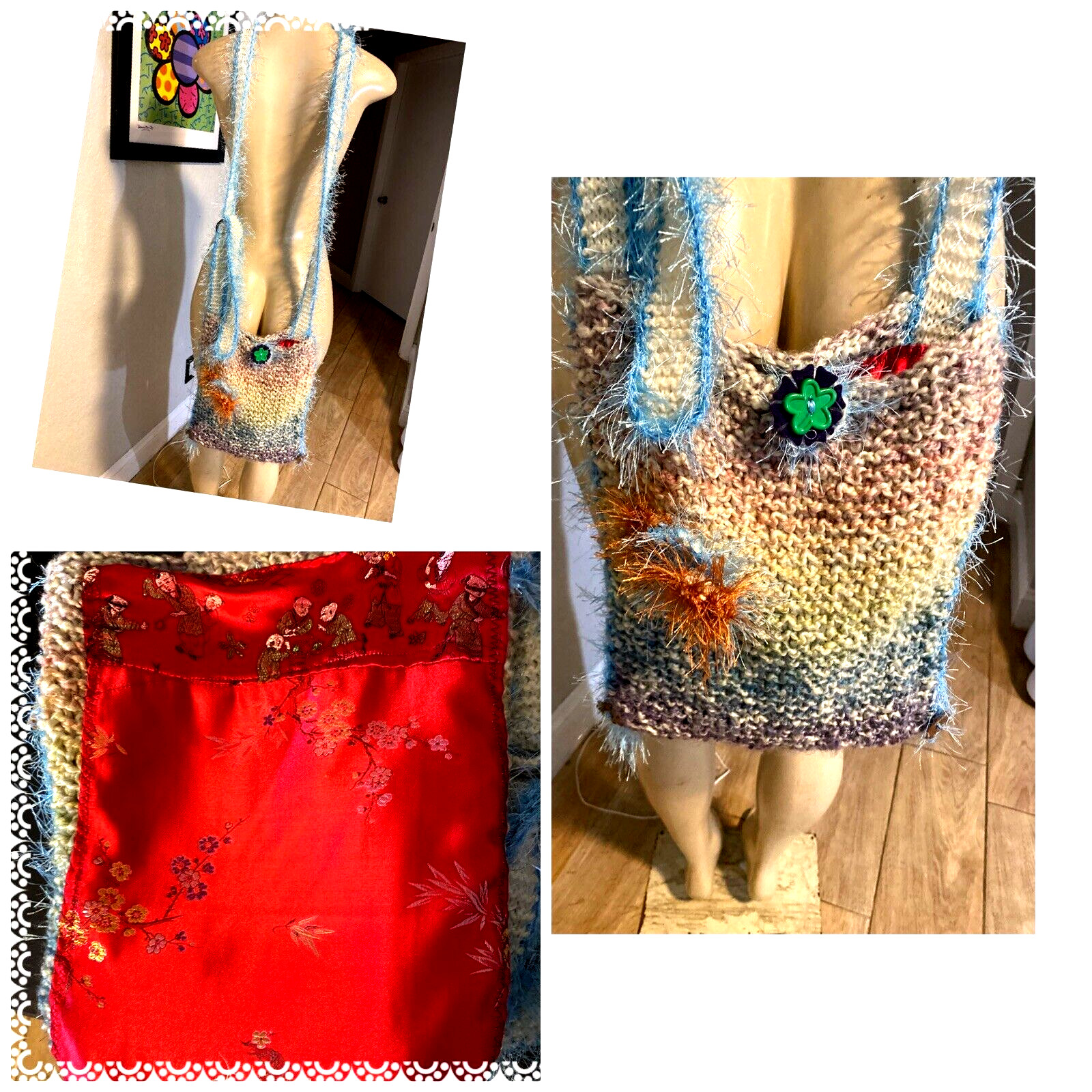 UNIQUE BOHO Crochet Shoulder Bag Purse with Floral Applique ASIAN LINING xbw