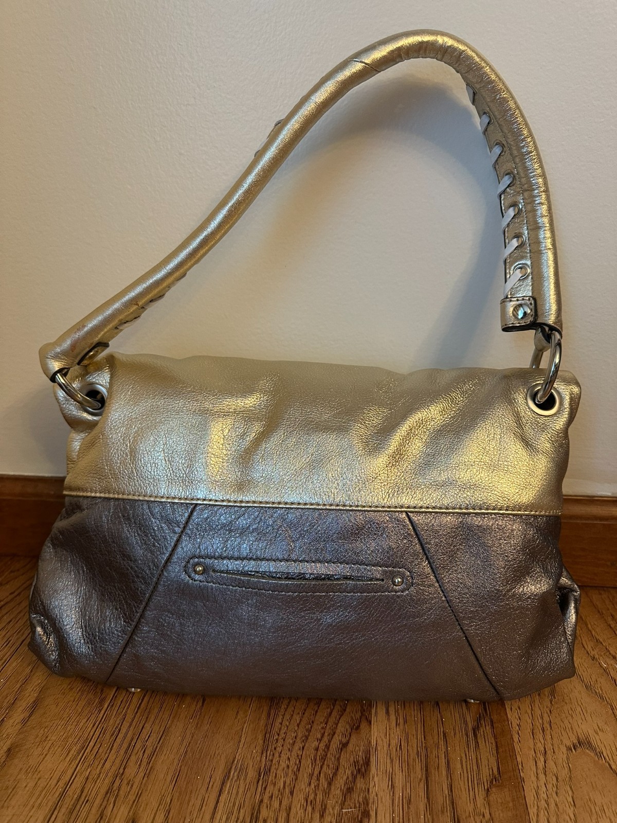 NEW B. Makowsky Metallic Leather Y2K Whipstitch Handle Shoulder Slouch Bag Purse