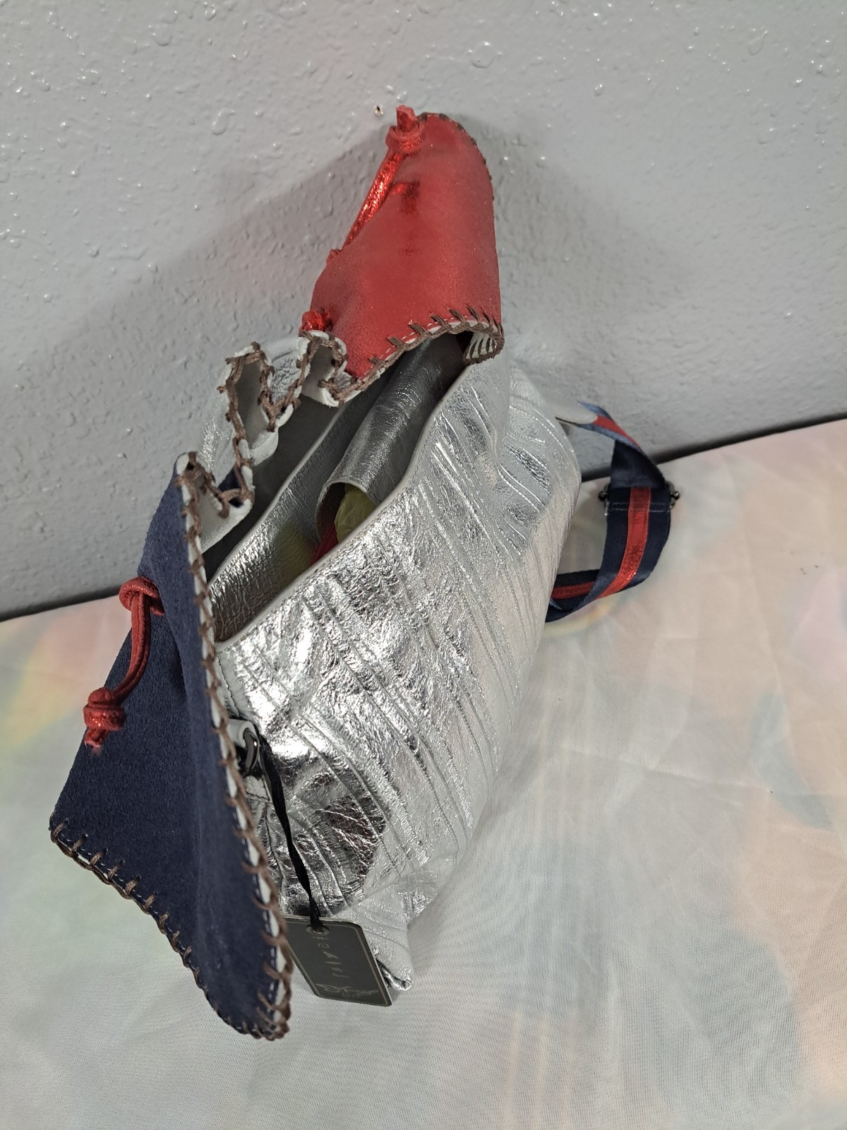 Sharif Legacy Eel Skin Leather Rocketed Top Zip Crossbody Bag Silver Red Blue