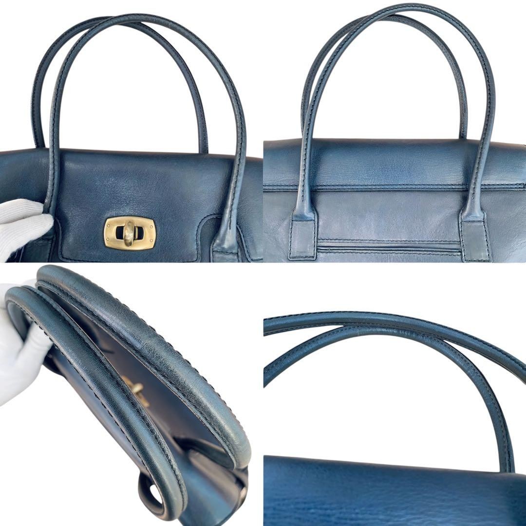 Tsuchiya Kaban Leather Turnlock Tote Bag Navy Japan