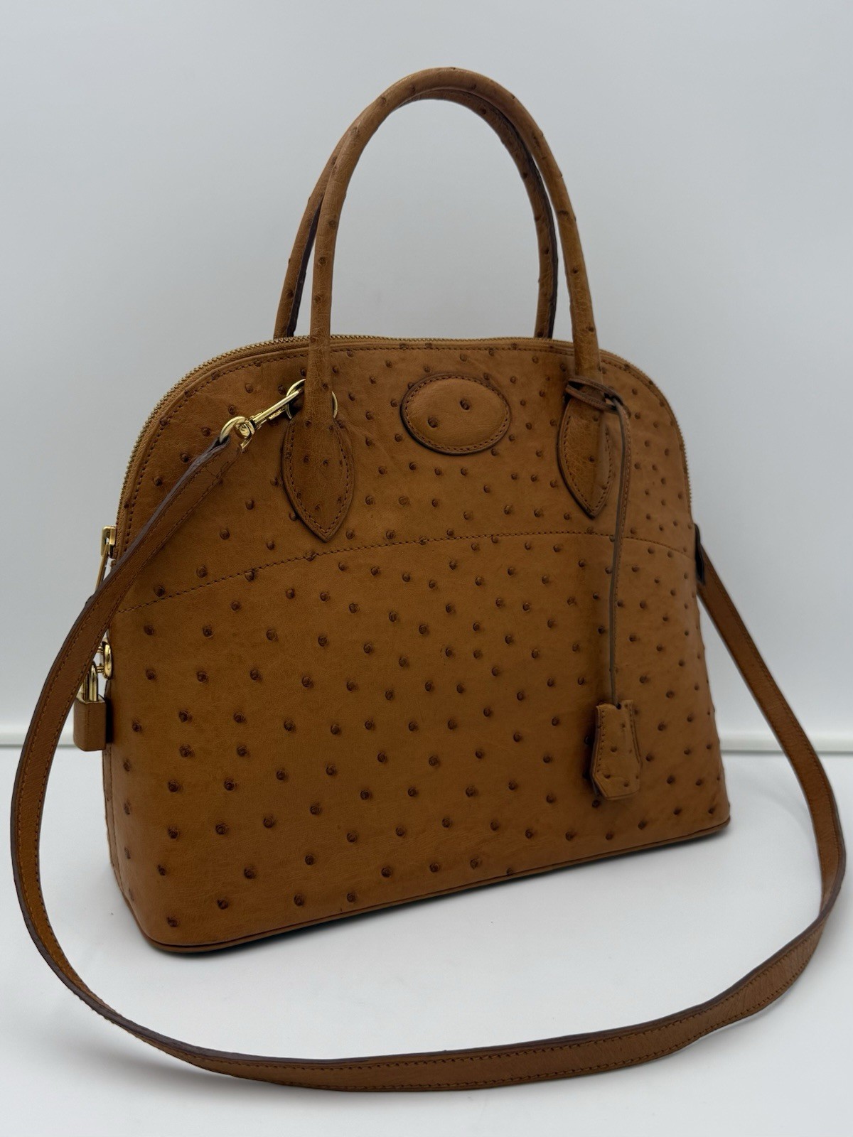 🇫🇷michel adolphe PARIS Unisex Brown Exotic OSTRICH BUGATTI 31 Bag •Made FRANCE