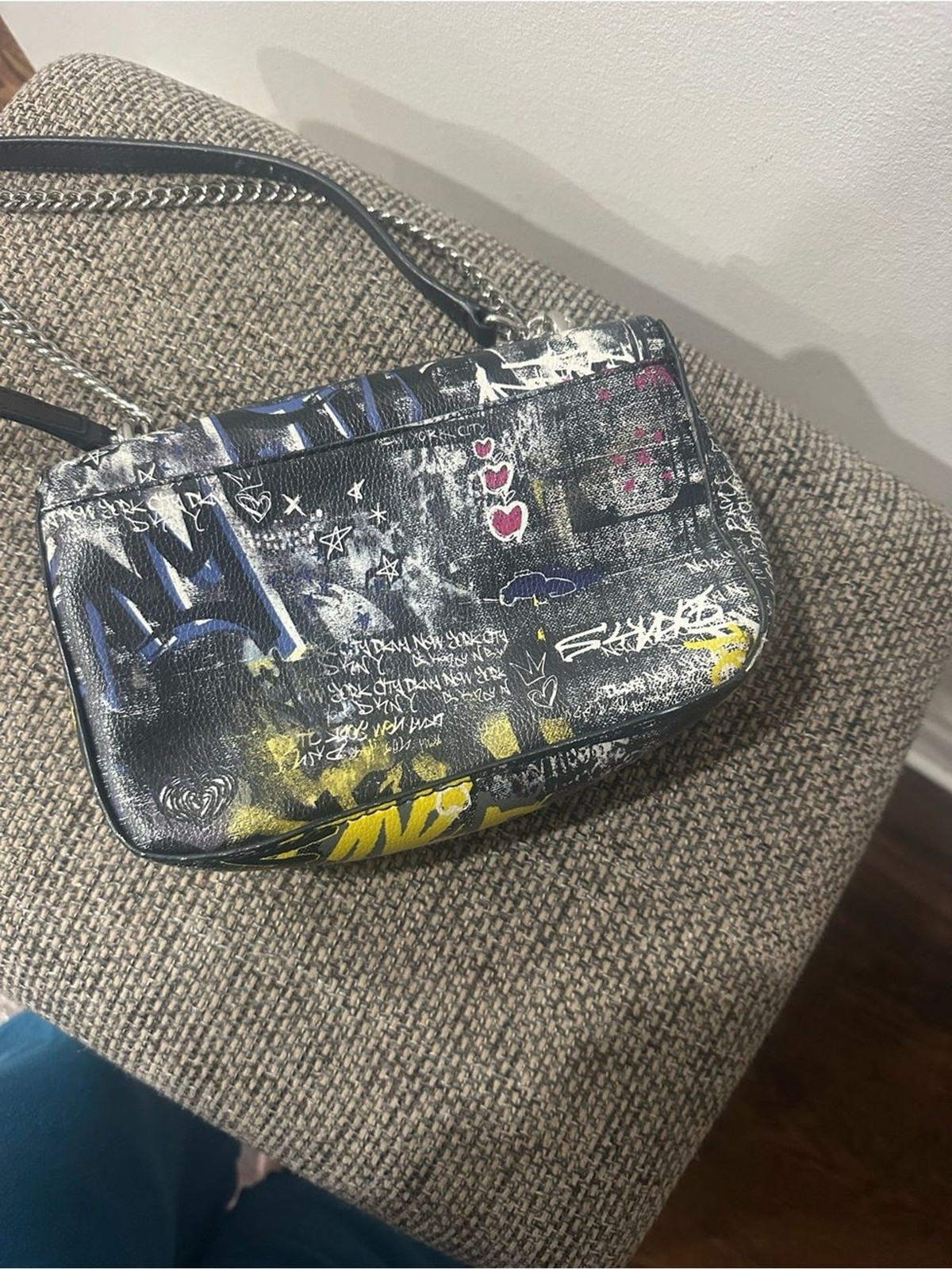 DKNY Sina Flap Graffiti-Print Crossbody Bag in Black with Yellow & Pink Accents