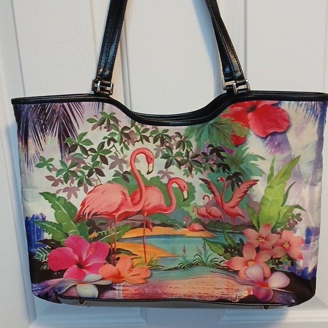Isabella Fiore Tropical Flamingo Floral Beaded Sequin Tote Bag Black Strap