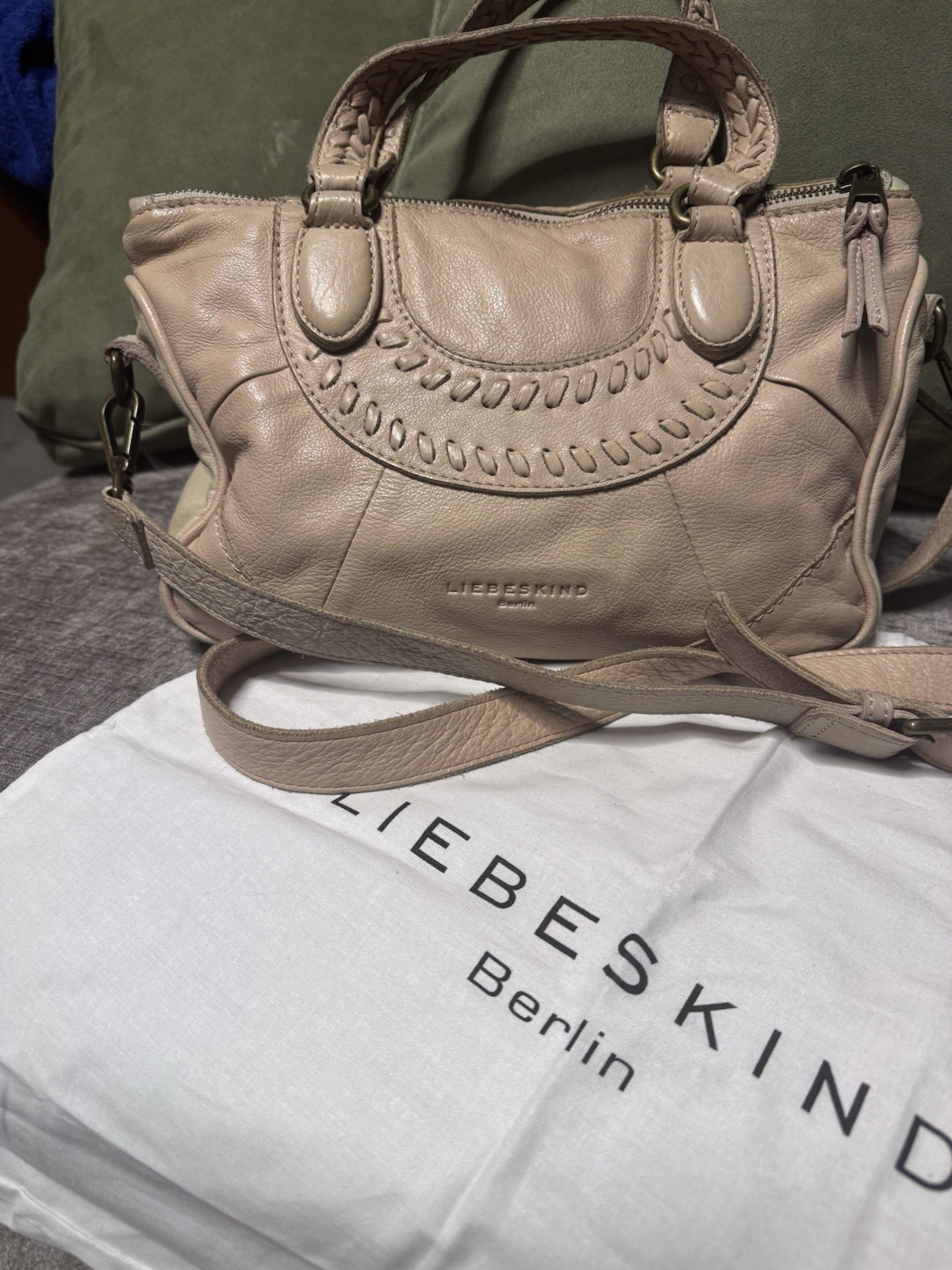 Liebeskind Berlin Beige Satchel with Braided Handle, Gold Hardware, Dust Bag