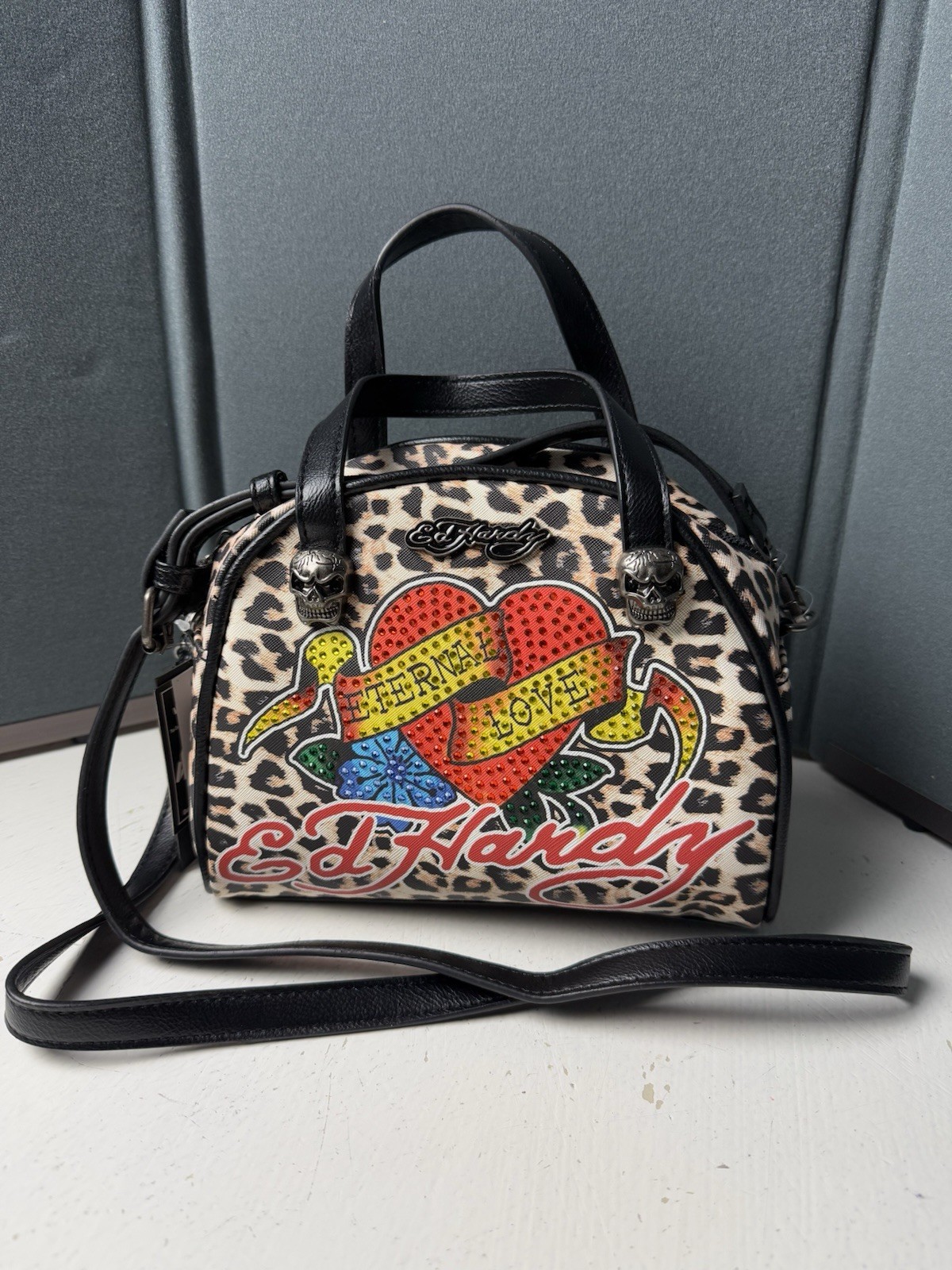 Ed Hardy Tattoo Cheetah Print Handbag Eternal Love Studded Bag Skulls Weekender