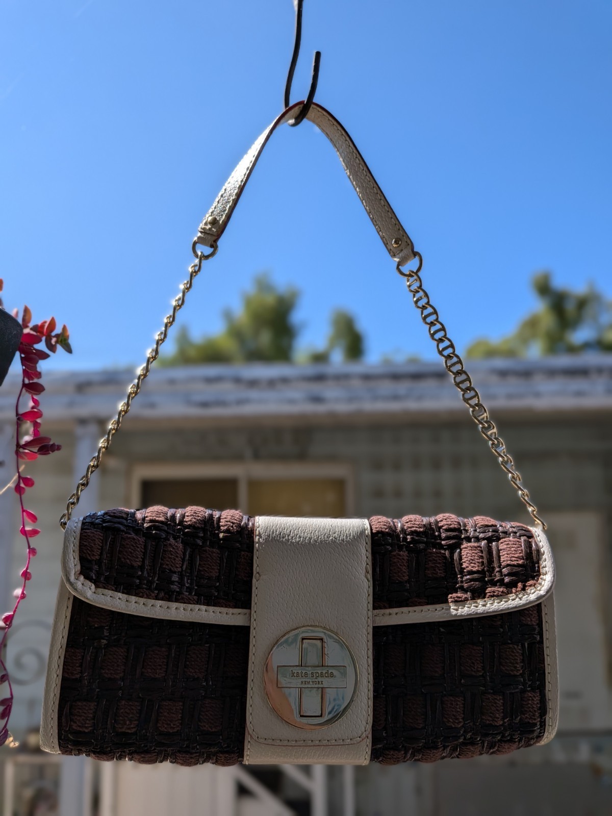 kate spade new york Rare Brown Beige Woven Crossbody Bag Turn Lock Chain Strap